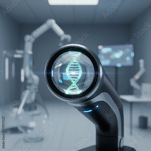 Fototapeta DNA molecule in the eyepiece of a futuristic microscope. DNA research with microscope in futuristic laboratory