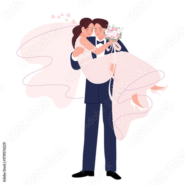 Fototapeta groom holds the bride in his arms at the solemn moment of the wedding. a beautiful couple of newlyweds with a bouquet of flowers. flat drawing, delicate colors. stock vector illustration. EPS 10.