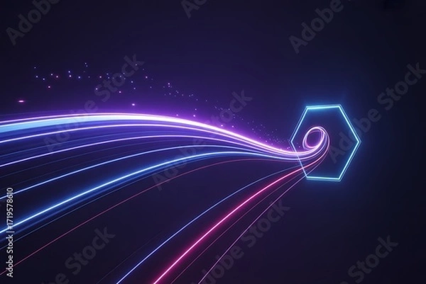 Fototapeta Abstract Technology Background with Neon Light Trails and Hexagonal Portal Glowing in Cyberpunk Style for Futuristic Digital Network and Data Flow Visualization