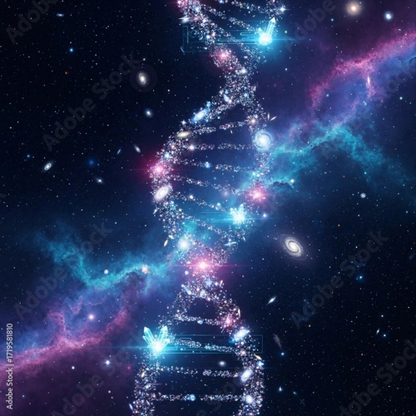 Fototapeta DNA molecule made of stars, galaxies and crystals against a background of stars and galaxies