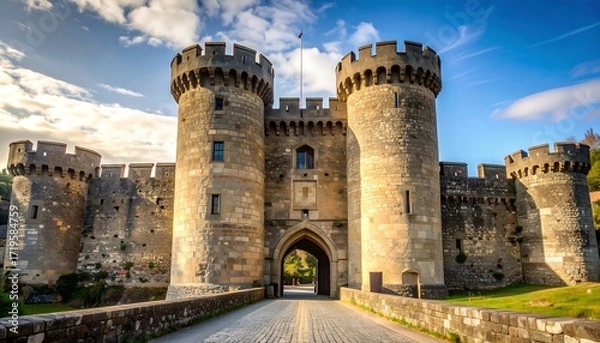 Fototapeta Medieval stone castle gatehouse under a vibrant sky