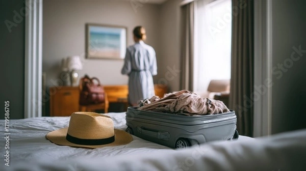 Fototapeta A traveler prepares for a journey, with a suitcase on a bed and a straw hat nearby, set in a cozy hotel room with soft natural light.