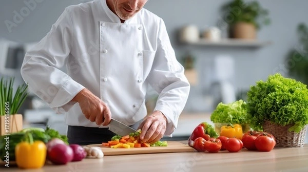 Fototapeta A chef skillfully chops fresh vegetables on a wooden countertop, surrounded by colorful produce in a bright, modern kitchen.