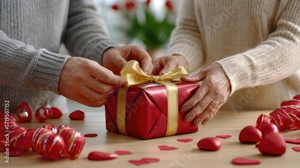 Fototapeta A couple prepares to open a beautifully wrapped red gift, surrounded by heart-shaped decorations, showing love and care in a festive setting.