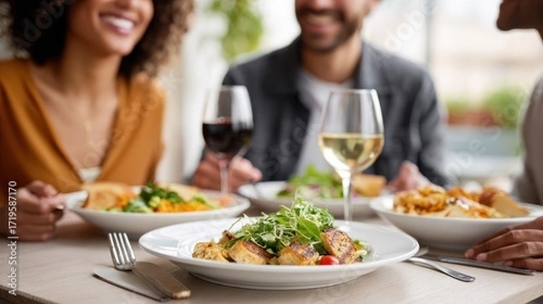 Fototapeta A cozy dining scene featuring friends enjoying delicious meals and drinks, highlighting a joyful atmosphere and gourmet presentations.