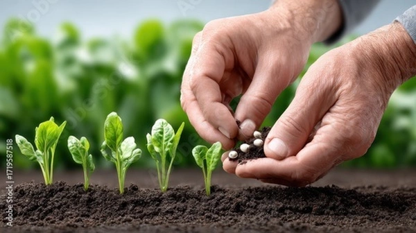 Fototapeta A close-up of hands planting seeds in soil, nurturing young plants, symbolizing growth and agriculture.