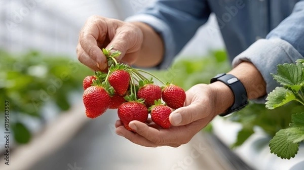 Fototapeta Freshly harvested strawberries are carefully held by a person's hands, showcasing vibrant red fruit against a lush green background in a greenhouse setting.