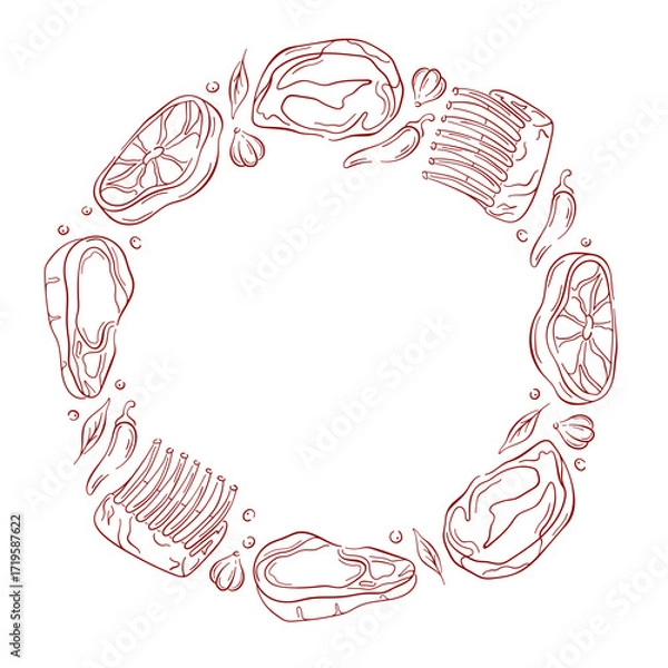 Fototapeta Line art style circular frame of various meat cut and steak for butcher shop package, card.