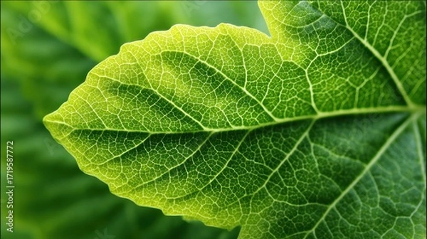 Fototapeta A close-up of a vibrant green leaf, showcasing intricate veins and textures, reflecting the beauty of nature.