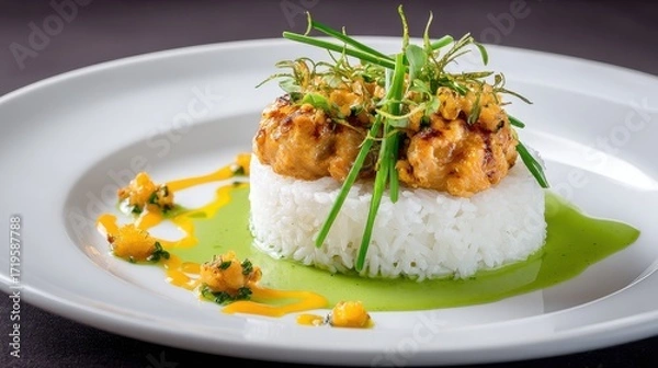 Fototapeta A beautifully plated dish featuring rice topped with seasoned protein, garnished with herbs and vibrant sauces for an appealing culinary presentation.