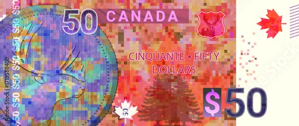 Fototapeta Vector fictional colored pixel mosaic banknote, denomination of 50 Canadian dollars. Medal with horned head of deer. Symbol of Canada, maple leaf. Spruce. Fifty. Red obverse of note