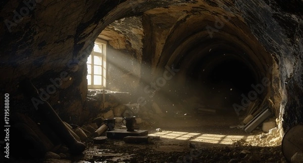 Obraz Sunbeams illuminating a dusty, abandoned underground tunnel with debris and old objects