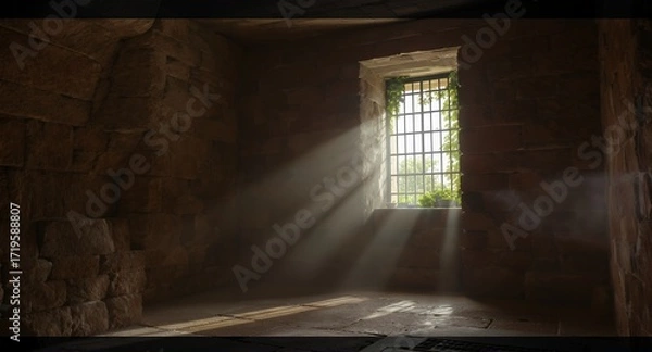 Obraz Sunbeams Streaming Through a Barred Window in a Stone Room