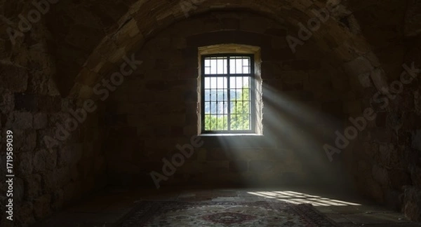 Obraz Sunbeams Streaming Through Window in Stone Room, Medieval Architecture, Interior Design, Light Rays