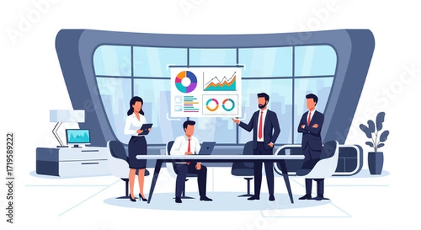 Obraz Business Team in Office Presenting Charts and Graphs During Collaborative Meeting
