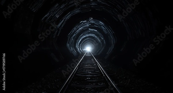 Obraz Train Tracks Leading to Light at End of Tunnel, Dark, Mysterious, Hope, Journey, Railroad, Transportation, Travel