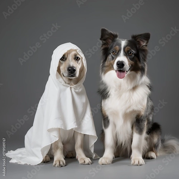 Obraz Two dogs sitting side by side, one covered in a white cloth, studio shot
