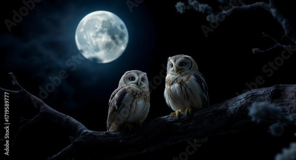 Obraz Two owls perched on a branch at night under a full moon