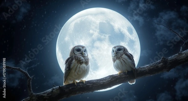Obraz Two Owls Perched on a Branch Under a Full Moon at Night