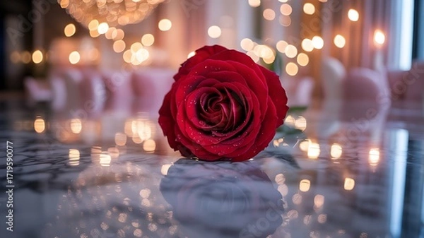 Fototapeta Single red rose on a marble table with bokeh background