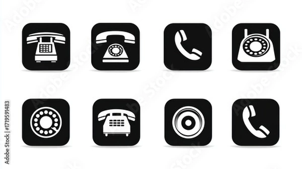 Obraz Flat vector illustration of phone icons including landline, smartphone, chat bubble, and call symbols for contact and communication on a clean white background