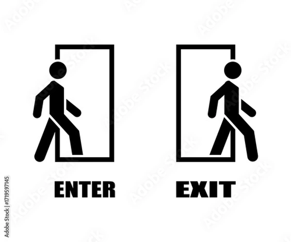 Fototapeta Enter and exit door symbol icons. stickman sign. Stick figure cartoon.
