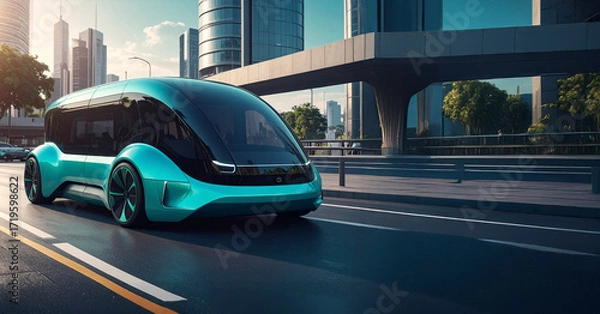 Fototapeta A futuristic public transit vehicle on a city street. The scene captures modern urban design, sustainable transport, and smart city infrastructure in a metropolitan setting.
