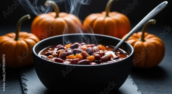 Fototapeta A steaming bowl of hearty chili with kidney beans and pumpkin cubes, surrounded by vibrant orange pumpkins, set against a dark background, perfect for autumn-themed culinary content