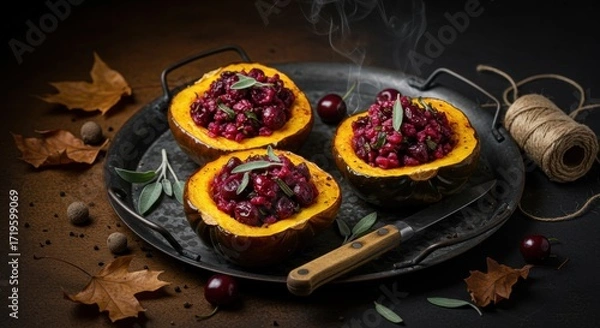 Fototapeta A beautifully arranged platter featuring roasted acorn squash halves filled with vibrant cranberry and nut stuffing, garnished with fresh herbs, set against a dark, rustic background