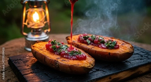 Fototapeta A rustic outdoor scene featuring two baked sweet potatoes topped with sauce and herbs, illuminated by a vintage lantern, with a blurred natural background suggesting a cozy campfire setting