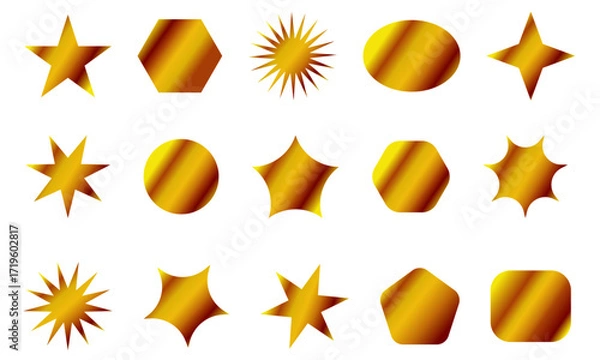 Fototapeta Golden stickers set, shiny metallic labels in different shapes, vector illustration