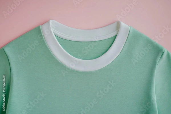 Fototapeta Closeup of a stylish mint green tshirt with a white collar, showcasing its simple design against a soft pink backdrop for a fresh, modern look