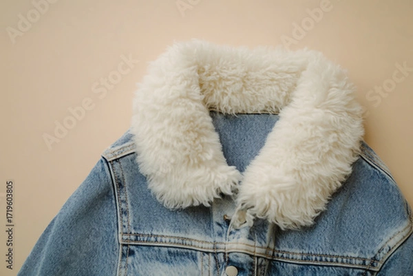 Fototapeta Closeup of a trendy blue denim jacket with a luxurious white faux fur collar, perfect for adding a touch of cozy chic to any outfit