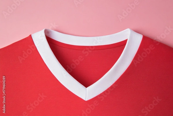 Fototapeta Closeup of a red tshirt with a white vneck collar on a pink background, showcasing the garments design and color combination for fashion appeal
