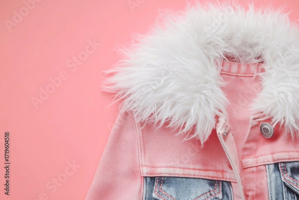 Fototapeta Pink denim jacket with a white faux fur collar on a pink background, creating a stylish and trendy look for fashionconscious individuals