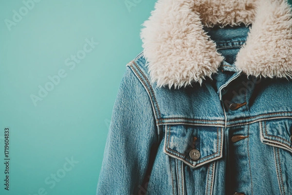 Fototapeta Blue denim jacket with a beige faux fur collar on a blue background, offering a classic and stylish look for versatile wardrobe options