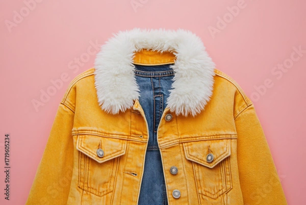 Fototapeta A stylish yellow denim jacket with a fluffy white collar displayed against a pink background, showcasing a trendy and fashionable outerwear piece