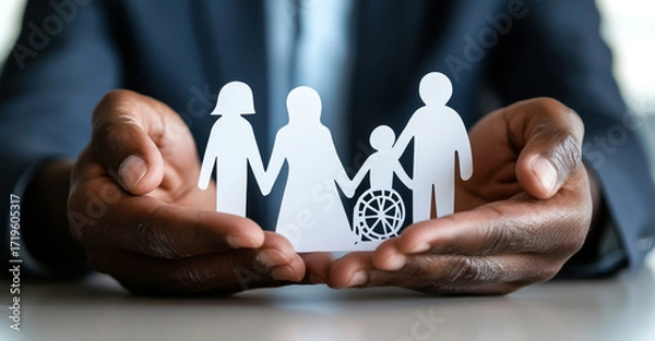 Fototapeta A person holding paper cutouts of a family, including a child in a wheelchair, symbolizing inclusion and support for diverse family structures