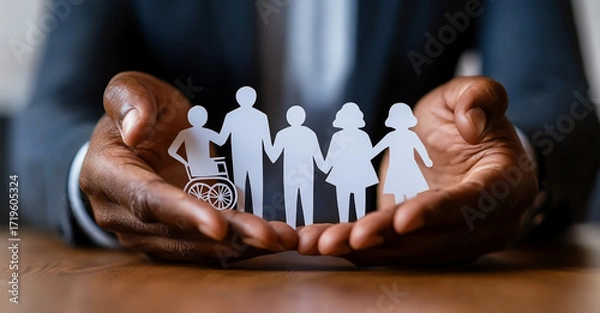 Fototapeta Hands protect paper cutouts of diverse people symbolizing inclusion and community support, emphasizing social responsibility and equality for all individuals