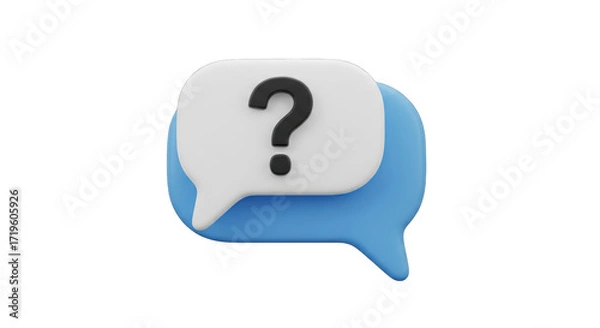 Fototapeta 3d Two speech bubbles one white with a black question mark symbol on a on transparent background. Clarification, question, FAQ, QA concept. 