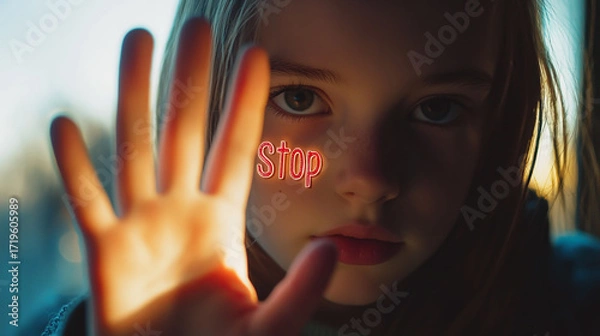 Fototapeta A dramatic image of a young girl with the word stop superimposed on her face, her hand raised in a gesture of defiance, conveying a strong message