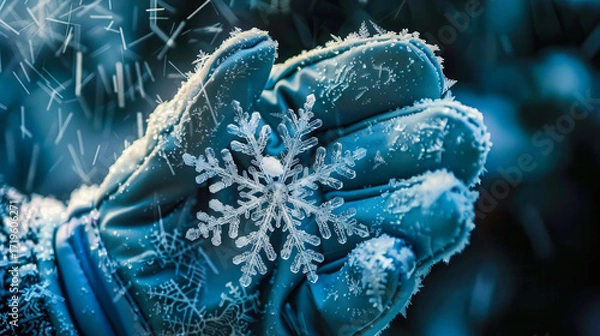 Fototapeta A hand holding a snowflake in a blue glove. The snowflake is surrounded by snow and the glove is wet. Concept of winter and the beauty of nature