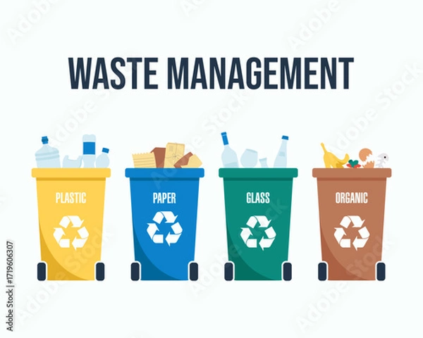 Fototapeta Recycling bins with garbage for plastic, paper, glass and organic waste. Simple flat vector for ecology and environment.