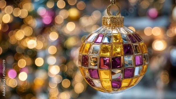 Fototapeta A gold and purple ornament hangs from a string. The ornament is a festive decoration for the holiday season