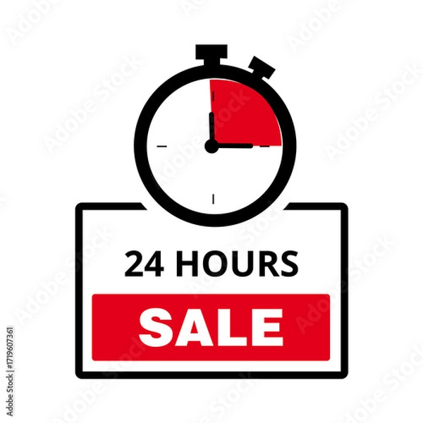 Fototapeta Red 24 hours sale banner with a chronometer on a white background