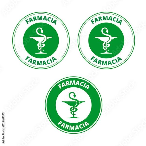 Fototapeta Green farmacia labels with the draw of a snake and a cup on a white background (trad. pharmacy)