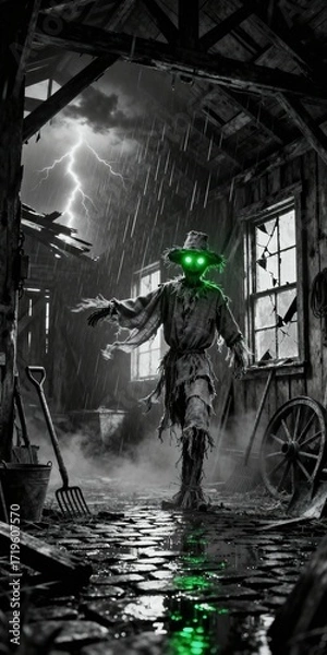 Fototapeta Creepy 3D Scarecrow with Glowing Green Eyes in Abandoned Barn during Thunderstorm Rain Halloween