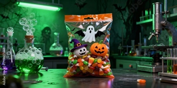 Fototapeta Glossy 3D Halloween trick-or-treat candy bag in spooky lab with bubbling potions and green light