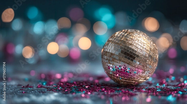 Fototapeta A gold disco ball sits on a table covered in glitter. The ball is surrounded by a purple and blue sparkly background. The scene conveys a festive and celebratory mood
