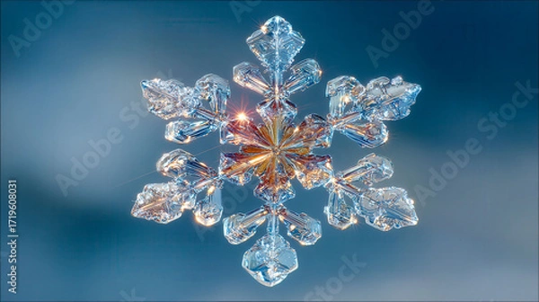 Fototapeta A snowflake is suspended in the air, reflecting the light of the sun. Concept of wonder and beauty, as the intricate design of the snowflake is captured in a single moment